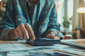 Person using a calculator to evaluate pet insurance costs and budget options on a desk with financial documents and a laptop, reflecting the theme of affordable pet insurance solutions.