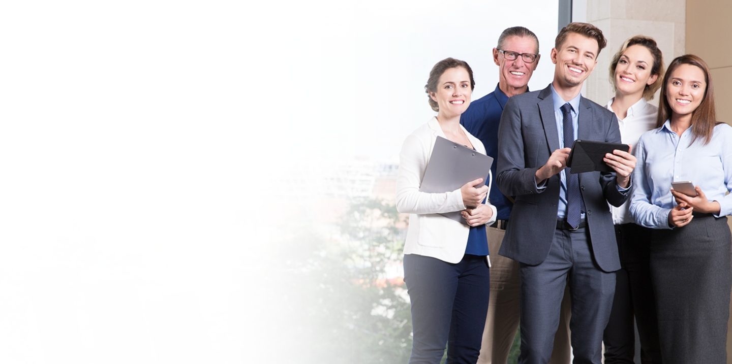 Group of professionals smiling and holding tablets and documents, representing customized group insurance solutions for modern businesses at Amerus Financial.
