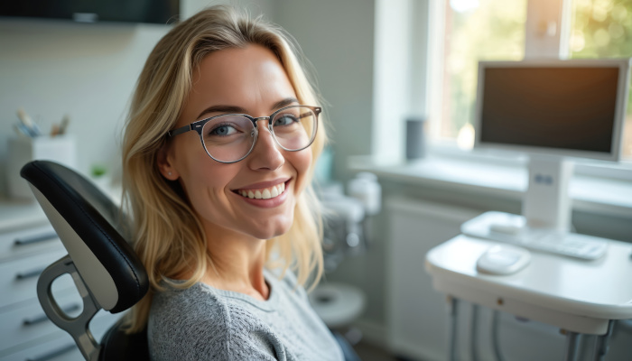 Smiling woman in dental office, showcasing dental care and vision insurance options.