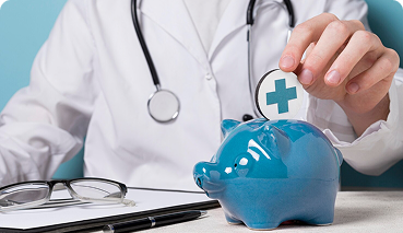Doctor placing a health insurance symbol into a blue piggy bank, representing savings and financial protection for health expenses.