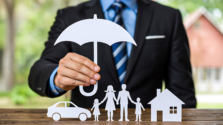 Businessman holding an umbrella over paper cutouts of a family, car, and house, symbolizing comprehensive personal insurance coverage options.